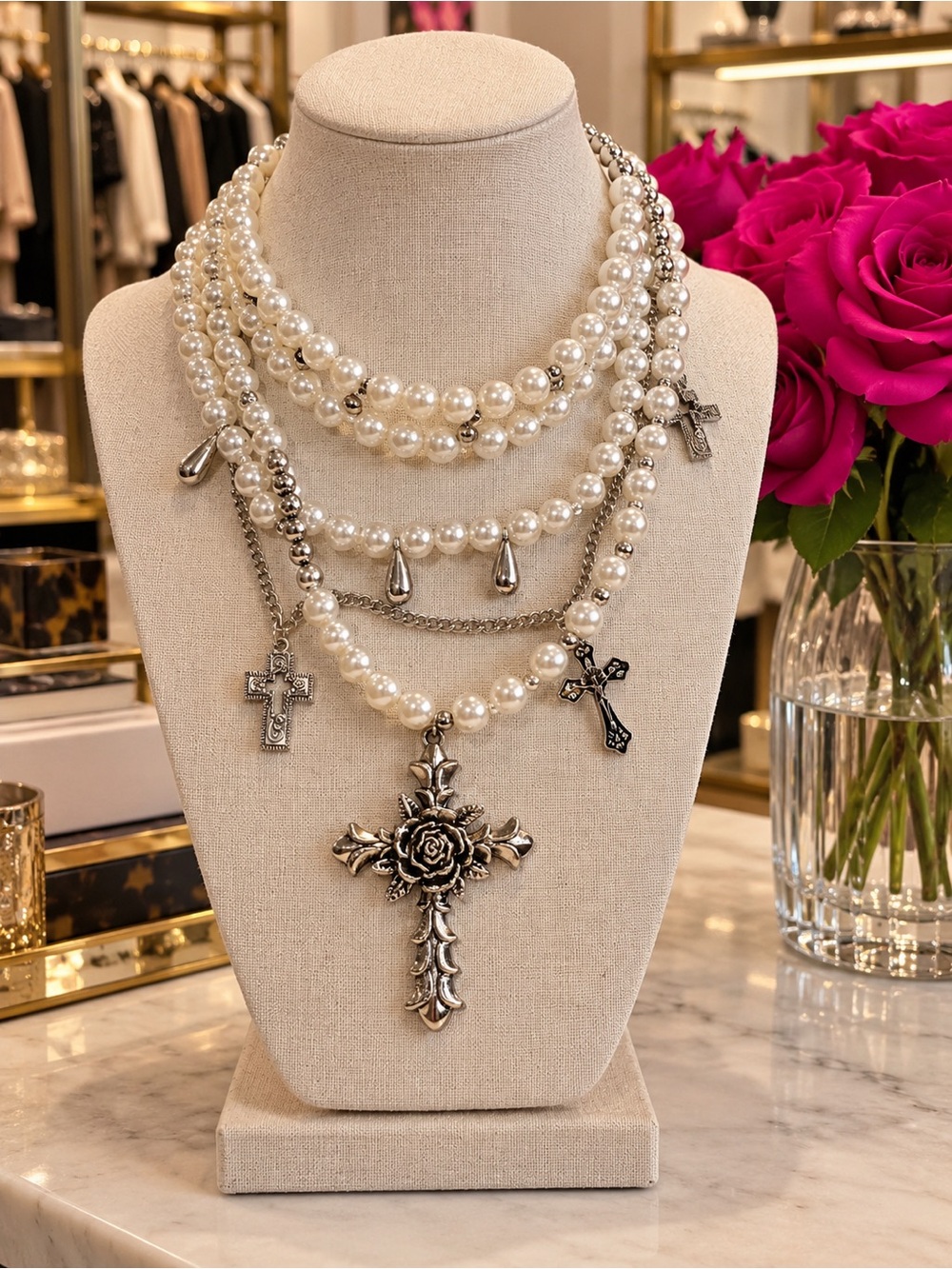 Pearl and Silver Cross Layered Necklace - White Pearls, Set of 3